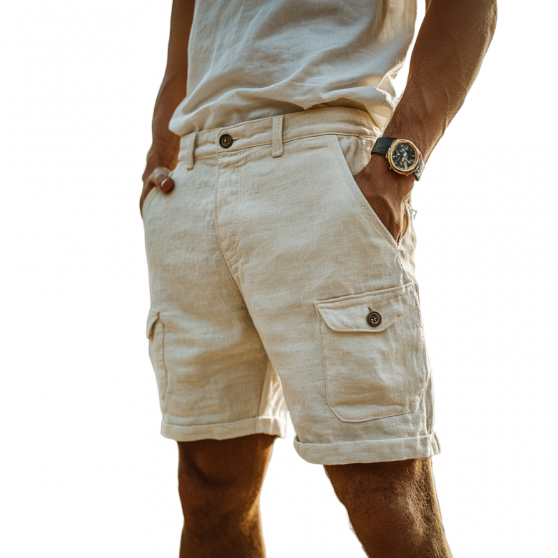 Men's Casual Breathable Cotton Linen Multi-Pocket Cargo Shorts MTA1174D9M