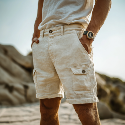 Men's Casual Breathable Cotton Linen Multi-Pocket Cargo Shorts MTA1174D9M