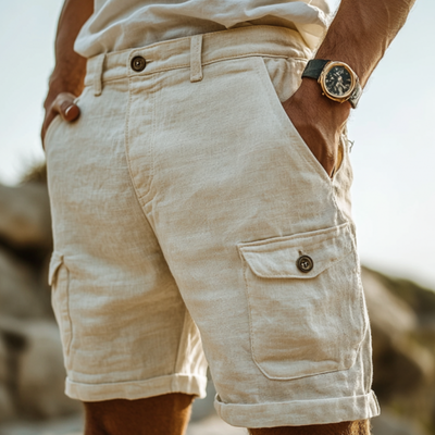 Men's Casual Breathable Cotton Linen Multi-Pocket Cargo Shorts MTA1174D9M