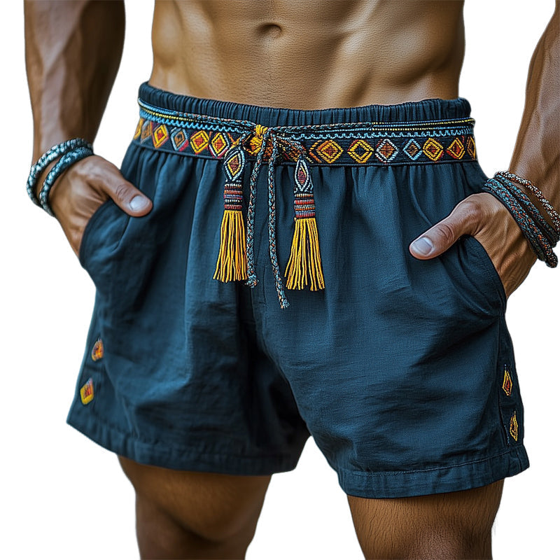 Men's Summer Ethnic Style Embroidered Lace-Up Shorts MTA1479D1U