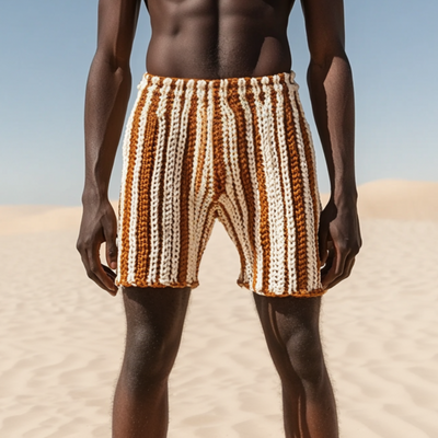 Men's Casual Contrast Color Striped Knitted Elastic Waist Shorts MTA1453D6M
