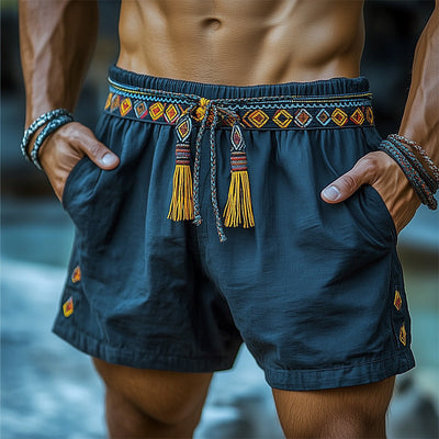 Men's Summer Ethnic Style Embroidered Lace-Up Shorts MTA1479D1U