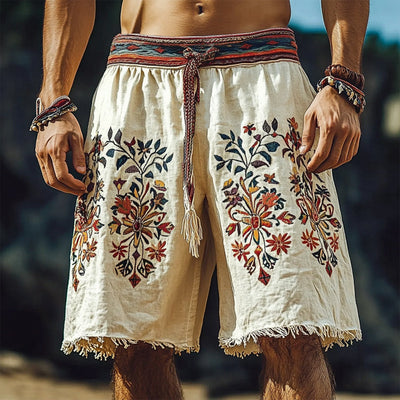 Men's Summer Retro Embroidered Cotton and Linen Shorts MTA1548D0U