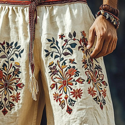 Men's Summer Retro Embroidered Cotton and Linen Shorts MTA1548D0U
