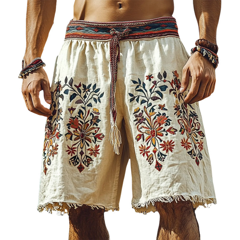 Men's Summer Retro Embroidered Cotton and Linen Shorts MTA1548D0U
