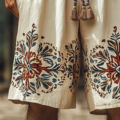 Men's Summer Retro Embroidered Cotton and Linen Shorts MTA1566D3U