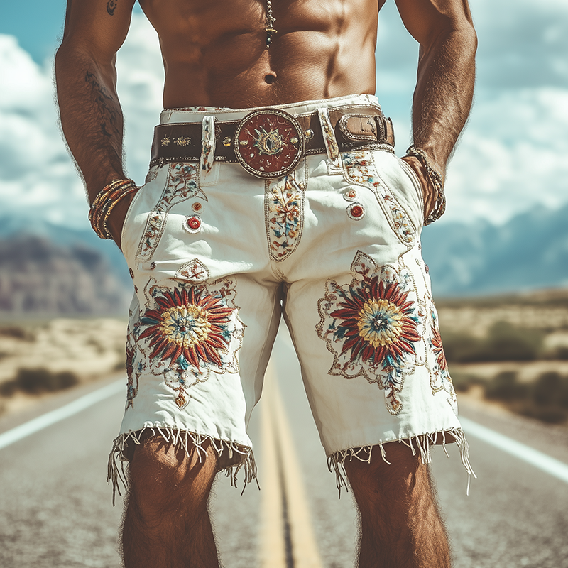 Men's Spring and Summer Fashion Retro Personality Thin Suede Embroidered Shorts (without belt) MTA1518D5K