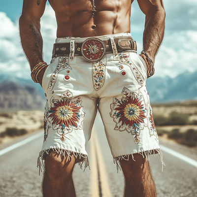 Men's Spring and Summer Fashion Retro Personality Thin Suede Embroidered Shorts (without belt) MTA1518D5K