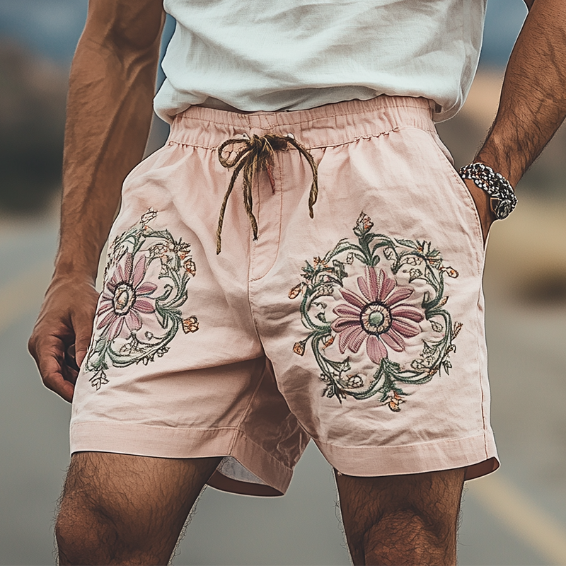 Men's Summer Fashion Casual Plain Cotton Embroidery Elastic Waist Shorts MTA1587D5K