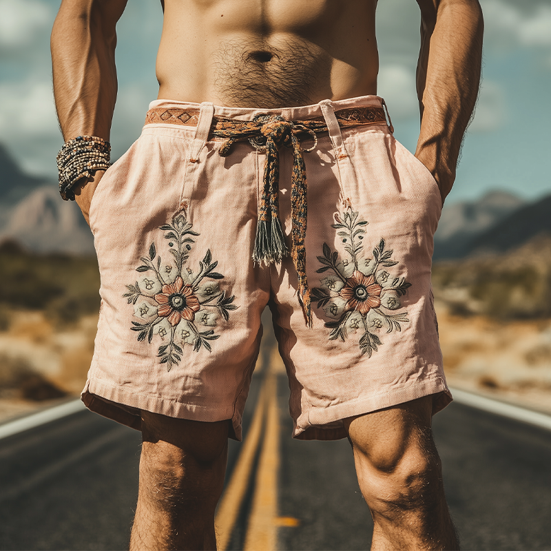 Men's Summer Fashion Casual Western Style Ramie Embroidery Shorts (Without Belt) MTA1503D1K