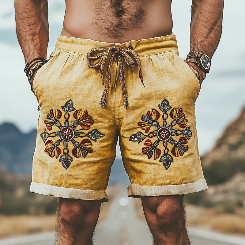 Men's Summer Fashion Casual Western Style Ramie Splicing Embroidery Shorts MTA1514D4K