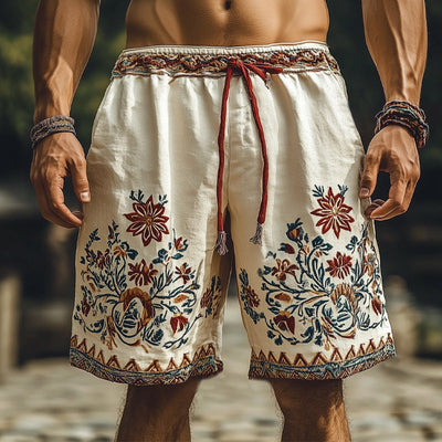 Men's Summer Retro Embroidery Loose Cotton and Linen Shorts MTA1521D9U