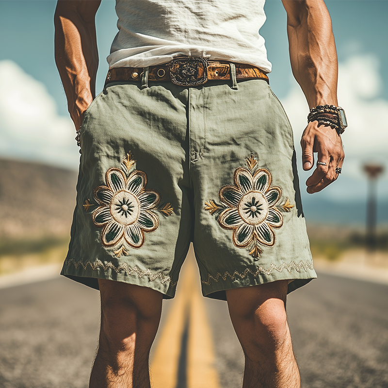 Men's Summer Fashion Casual Western Style Ramie Embroidery Shorts MTA1591D5K