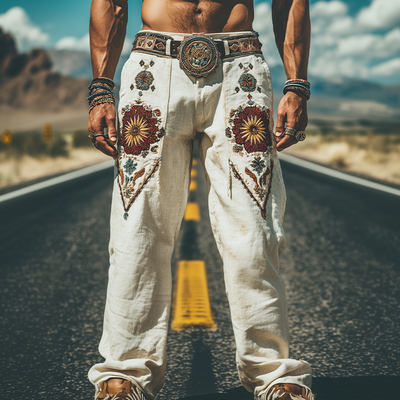 Men's Spring and Summer Fashion Personality Retro Western Style Cotton and Linen Embroidered Pants (Without Belt) MTA1519D5K