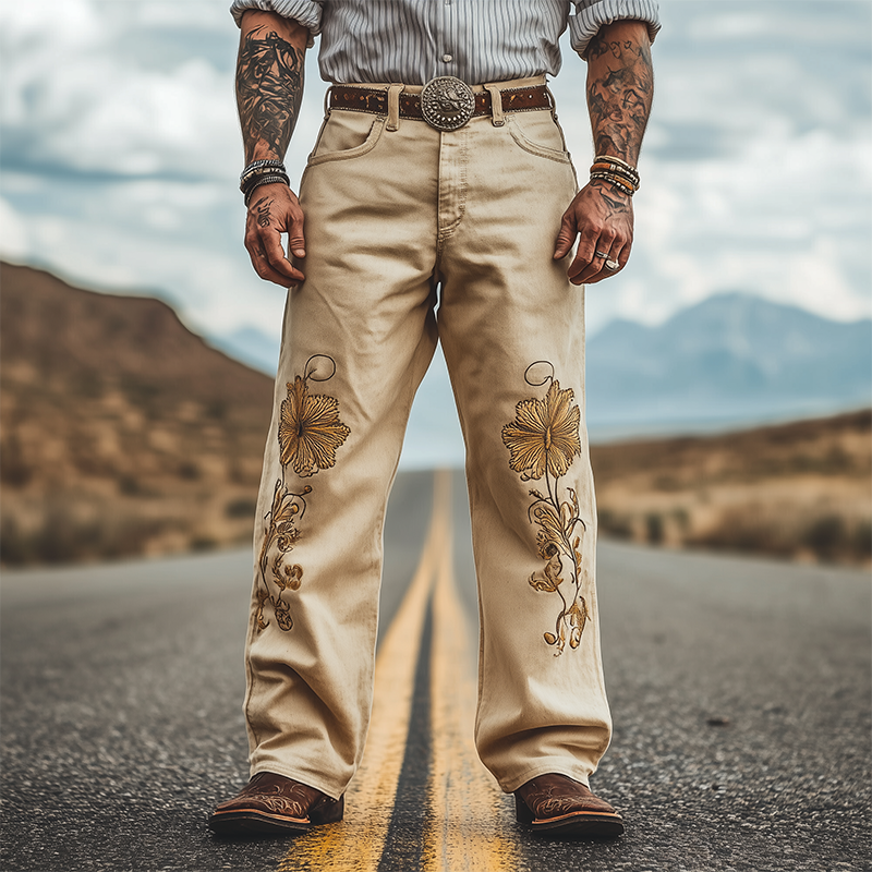 Men's Spring and Summer Fashion Personality Retro Western Style Twill Cotton Embroidery Casual Pants (Without Belt) MTA1573D4K