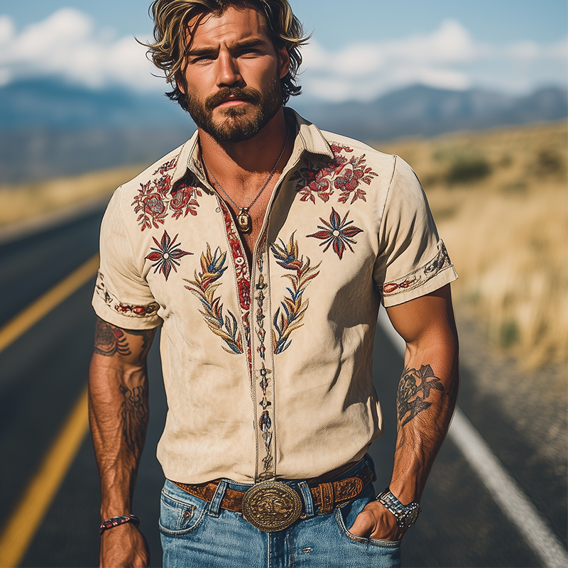【24-hour shipping out】Men's Spring/Summer Fashion Retro Western Style Suede Embroidered Short Sleeve Shirt MTA1533D2K