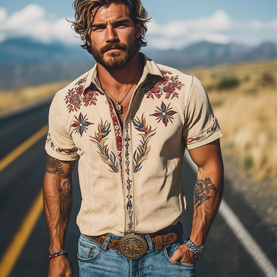 【24-hour shipping out】Men's Spring/Summer Fashion Retro Western Style Suede Embroidered Short Sleeve Shirt MTA1533D2K