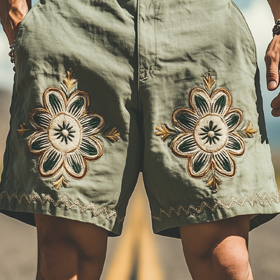 Men's Summer Fashion Casual Western Style Ramie Embroidery Shorts MTA1591D5K