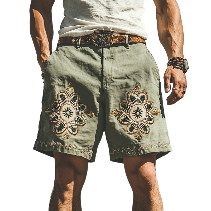 Men's Summer Fashion Casual Western Style Ramie Embroidery Shorts MTA1591D5K