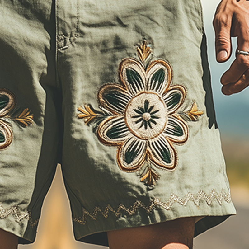 Men's Summer Fashion Casual Western Style Ramie Embroidery Shorts MTA1591D5K