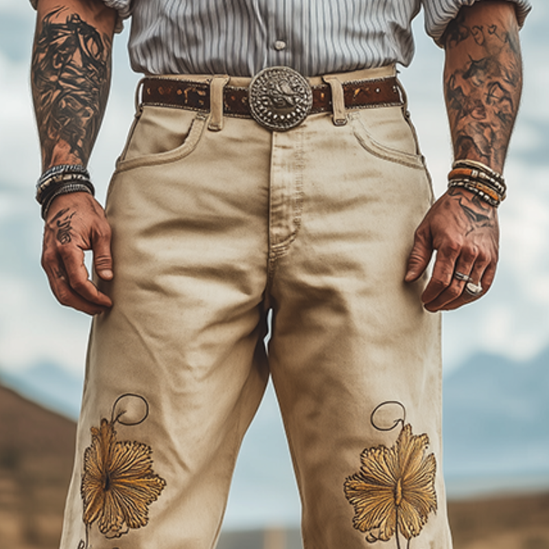 Men's Spring and Summer Fashion Personality Retro Western Style Twill Cotton Embroidery Casual Pants (Without Belt) MTA1573D4K