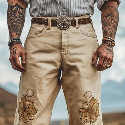 Men's Spring and Summer Fashion Personality Retro Western Style Twill Cotton Embroidery Casual Pants (Without Belt) MTA1573D4K