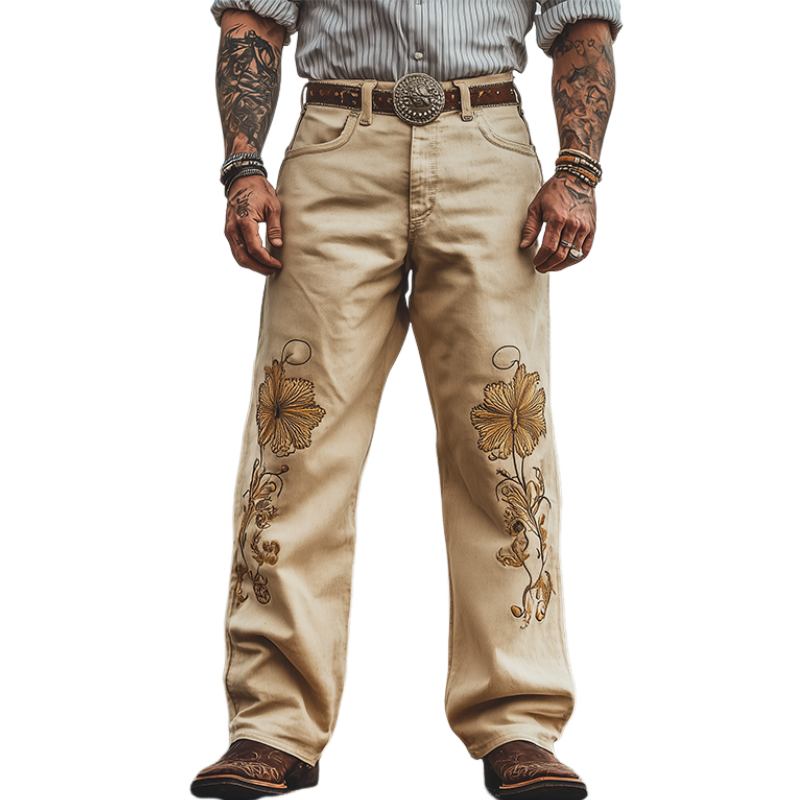 Men's Spring and Summer Fashion Personality Retro Western Style Twill Cotton Embroidery Casual Pants (Without Belt) MTA1573D4K