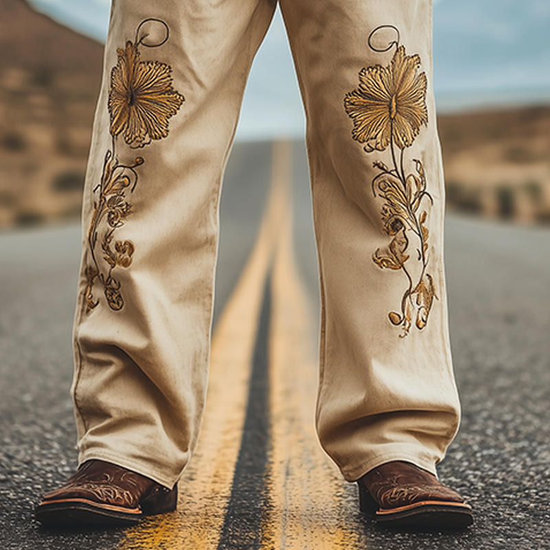 Men's Spring and Summer Fashion Personality Retro Western Style Twill Cotton Embroidery Casual Pants (Without Belt) MTA1573D4K
