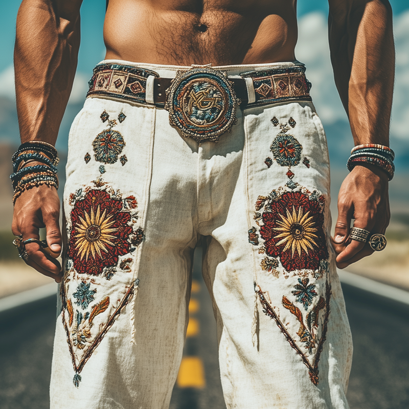 Men's Spring and Summer Fashion Personality Retro Western Style Cotton and Linen Embroidered Pants (Without Belt) MTA1519D5K