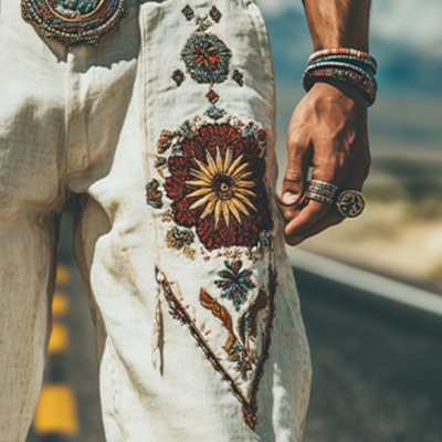 Men's Spring and Summer Fashion Personality Retro Western Style Cotton and Linen Embroidered Pants (Without Belt) MTA1519D5K