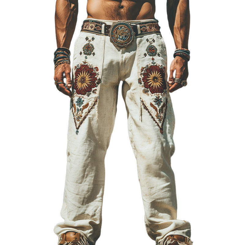 Men's Spring and Summer Fashion Personality Retro Western Style Cotton and Linen Embroidered Pants (Without Belt) MTA1519D5K