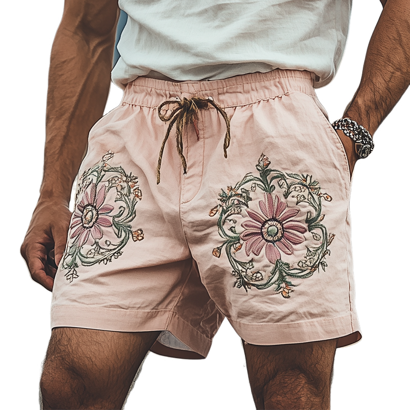 Men's Summer Fashion Casual Plain Cotton Embroidery Elastic Waist Shorts MTA1587D5K