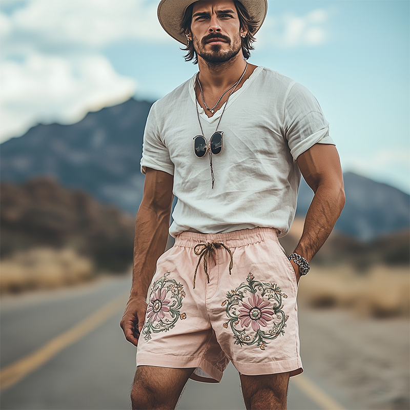 Men's Summer Fashion Casual Plain Cotton Embroidery Elastic Waist Shorts MTA1587D5K