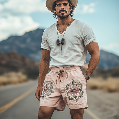 Men's Summer Fashion Casual Plain Cotton Embroidery Elastic Waist Shorts MTA1587D5K