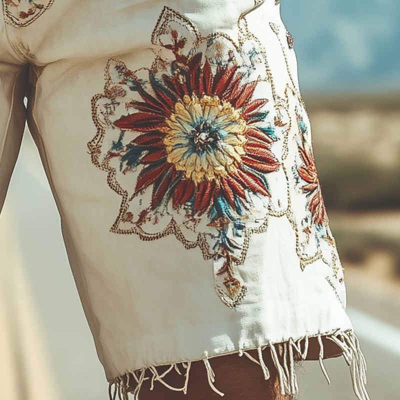 Men's Spring and Summer Fashion Retro Personality Thin Suede Embroidered Shorts (without belt) MTA1518D5K