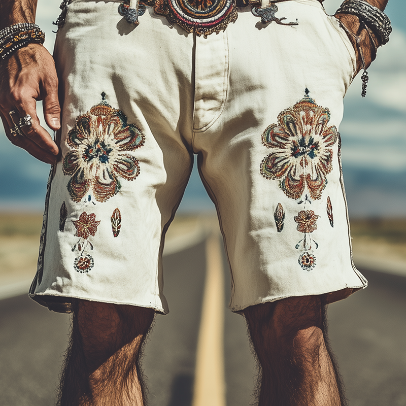 Men's Spring and Summer Fashion Retro Personality Twill Cotton Embroidered Shorts (Without Belt) MTA1516D3K