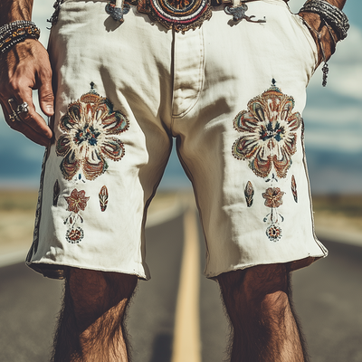 Men's Spring and Summer Fashion Retro Personality Twill Cotton Embroidered Shorts (Without Belt) MTA1516D3K