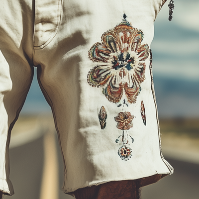 Men's Spring and Summer Fashion Retro Personality Twill Cotton Embroidered Shorts (Without Belt) MTA1516D3K