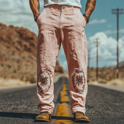 Men's Summer Fashion Casual Western Style Cotton and Linen Embroidered Pants MTA1637D3K