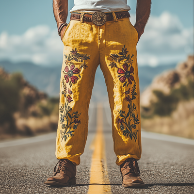 Men's Summer Fashion Casual Western Style Cotton and Linen Embroidered Pants (Without Belt) MTA1682D3K