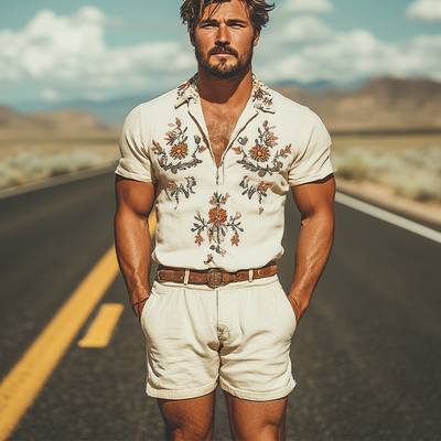 Men's Summer Fashion Casual Western Style Deep V Neck Cotton and Linen Embroidered Jumpsuit MTA1620D0K
