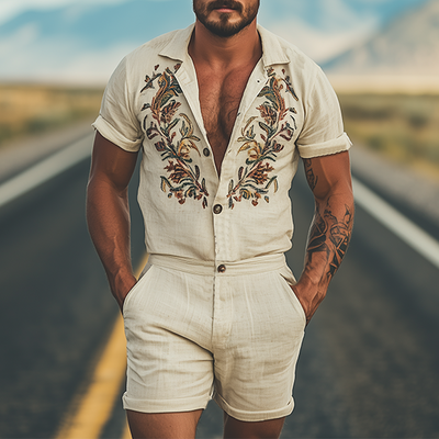 Men's Summer Fashion Casual Retro Western Style Cotton and Linen Embroidered Jumpsuit MTA1604D8K