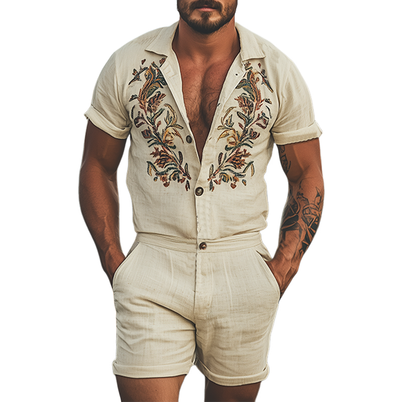 Men's Summer Fashion Casual Retro Western Style Cotton and Linen Embroidered Jumpsuit MTA1604D8K