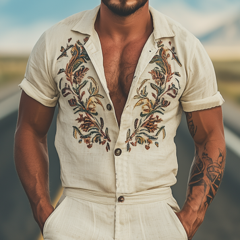 Men's Summer Fashion Casual Retro Western Style Cotton and Linen Embroidered Jumpsuit MTA1604D8K