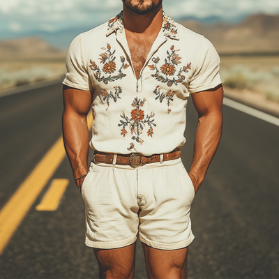 Men's Summer Fashion Casual Western Style Deep V Neck Cotton and Linen Embroidered Jumpsuit MTA1620D0K