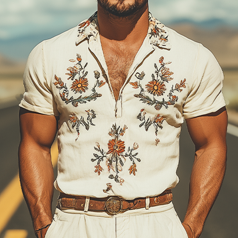Men's Summer Fashion Casual Western Style Deep V Neck Cotton and Linen Embroidered Jumpsuit MTA1620D0K