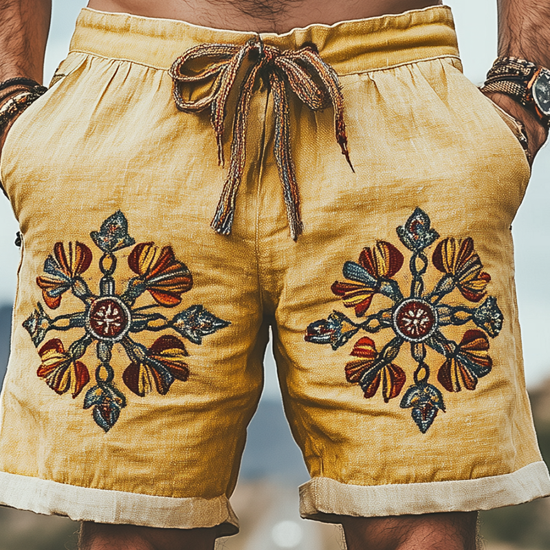 Men's Summer Fashion Casual Western Style Ramie Splicing Embroidery Shorts MTA1514D4K