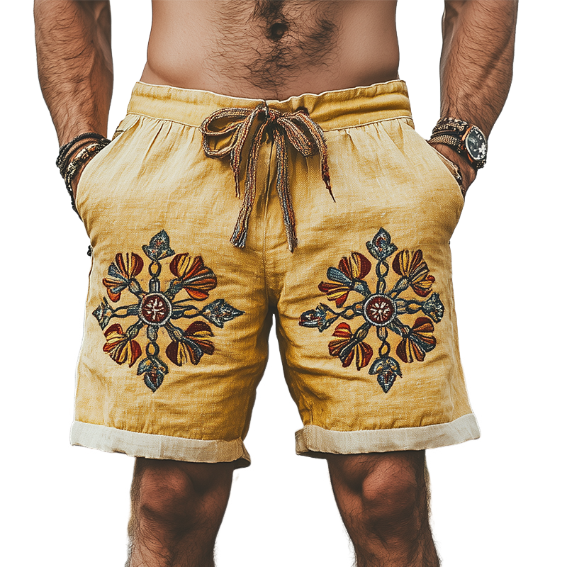 Men's Summer Fashion Casual Western Style Ramie Splicing Embroidery Shorts MTA1514D4K