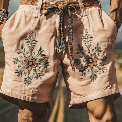 Men's Summer Fashion Casual Western Style Ramie Embroidery Shorts (Without Belt) MTA1503D1K