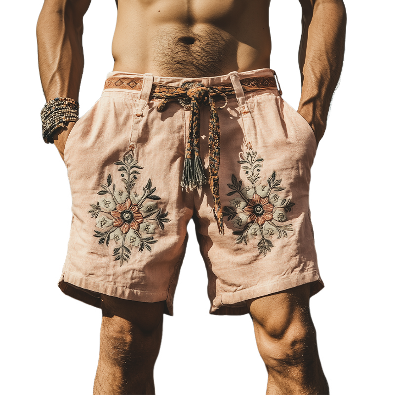 Men's Summer Fashion Casual Western Style Ramie Embroidery Shorts (Without Belt) MTA1503D1K